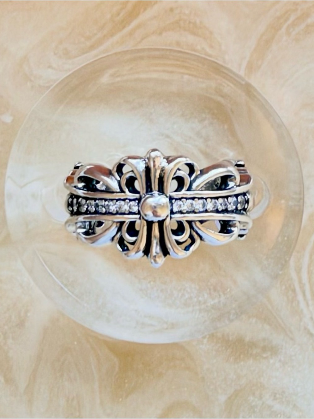 Sterling Silver Fleur Cross Crystal Accent Ring in Silver